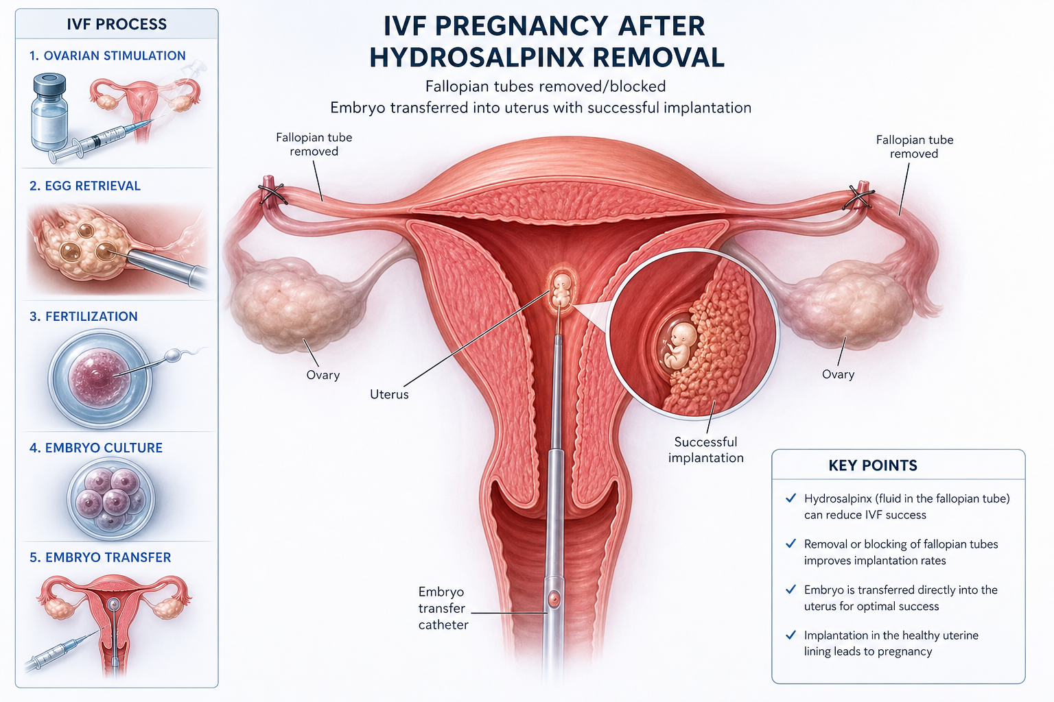 Infographic explaining IVF after hydrosalpinx removal: left panel shows steps from ovarian stimulation to embryo transfer, center shows uterus with embryo implantation, right highlights key points.