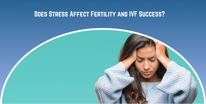 Question about whether stress affects fertility and IVF success; distressed woman holds her head beneath a curved arc on a blue gradient background.（informational header）