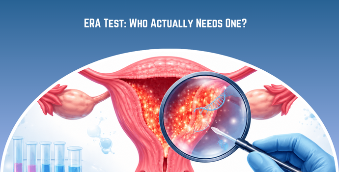 Educational infographic of a uterus with a magnifying glass highlighting tissue and cells, titled 'ERA Test: Who Actually Needs One?'